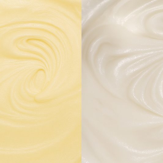 Two tallow skincare product textures placed side by side. One white and silky, one yellow and creamy.